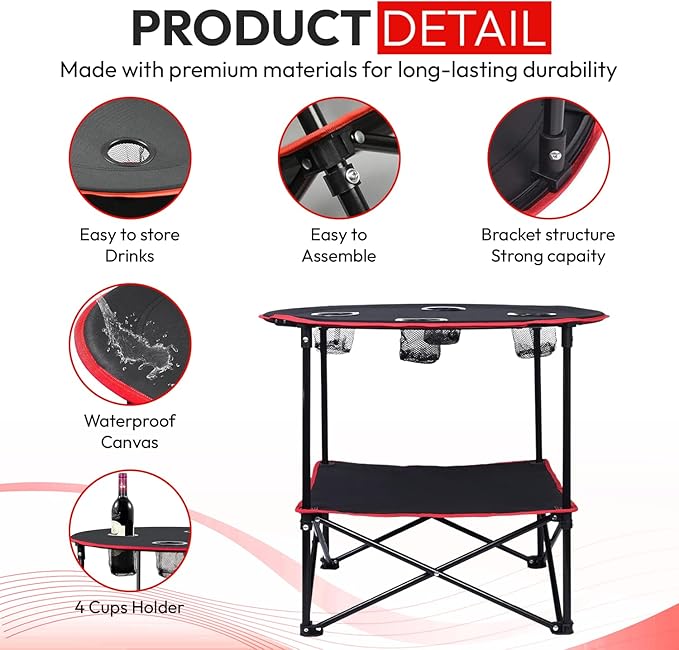 Camping Table, 2-Tier Folding Portable Table with 4 Cup Holders, Camping Cip & Carry Bags for Camping, Collapsible Table Steel Frame, High-Grade 600D Canvas, for BBQ, Fishing, and Picnic