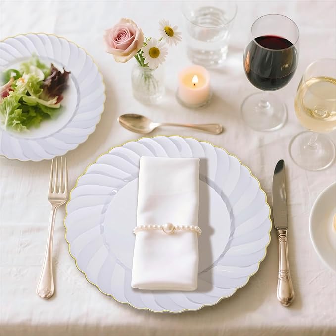 U-QE 60 Pcs White Plastic Plates with Gold Trim – Scalloped Plastic Plates Heavy Duty - Include 30 10.25" Dinner & 30 7.25" Dessert Plate – Perfect for Weddings, Bridal Showers and Party