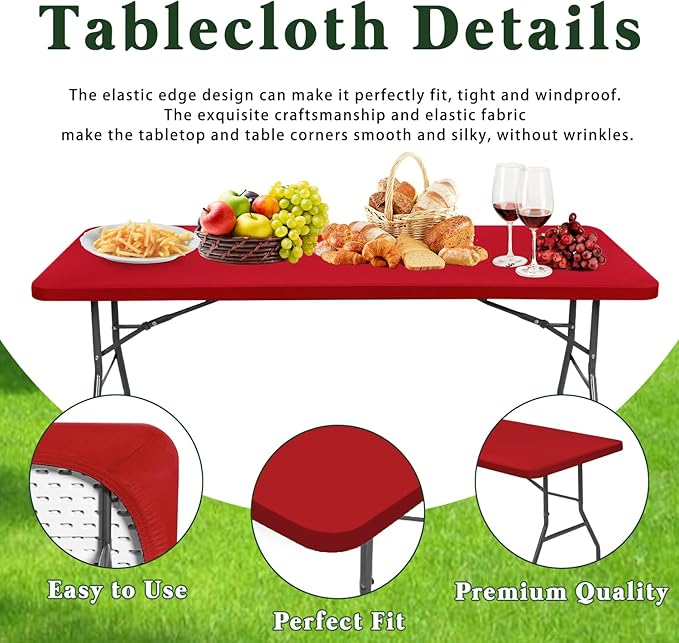 10 Pack Picnic Fitted Table Cover for 6 Foot Tablecloth for Rectangle Tables Waterproof Stretch Washable Folding Indoor and Outdoor Spandex Table Cloth for Camping Banquet and Parties (Red,30" x 72")