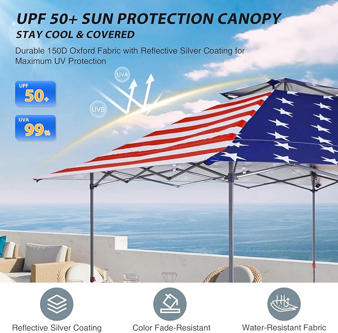 EAGLE PEAK 13x13 Straight Leg Pop Up Canopy Tent Instant Outdoor Canopy Easy Single Person Set up Folding Shelter w/Auto Extending Eaves 169 Square Feet of Shade (American Flag)