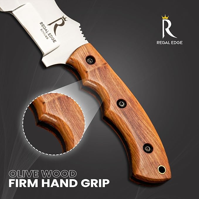 Fixed Blade Knife 10” Hunting Knife With Fire Starter And Leather Sheath - Olive Wood Handle Survival Knives for Camping, Hiking, and Outdoor Use By Regal Edge