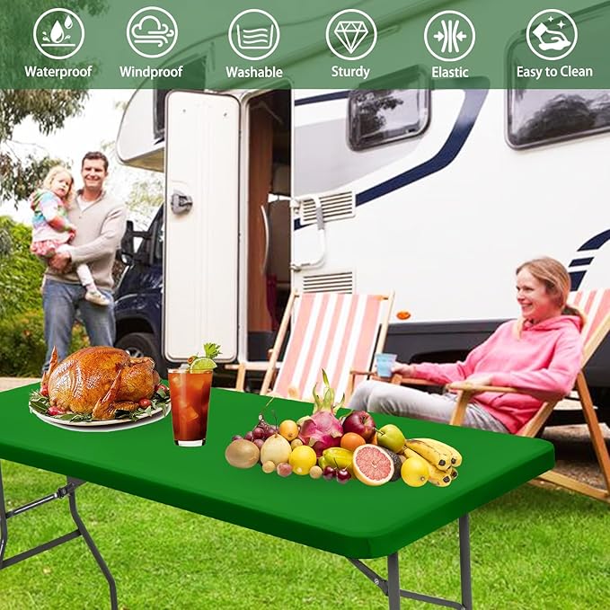 6 Pack Picnic Fitted Table Cover for 6 Foot Tablecloth for Rectangle Tables Waterproof Stretch Washable Folding Indoor and Outdoor Spandex Table Cloth for Camping Banquet and Parties (Green,30" x 72")