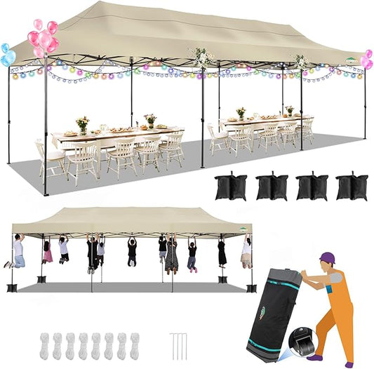 COBIZI 10x30 Pop up Canopy, Heavy Duty Outdoor Party Tents for Parties, Ez up UPF 50+ Waterproof Commercial Canopy with Wheeled Bag can fold, Khaki(Windproof Upgraded)