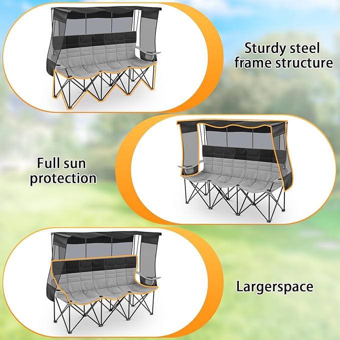 3 Person Camping Chair with Canopy Shade Fully Padded Folding Outdoor Oversized Camping Sofa for 2-3 Person, Heavy Duty Couch with Cup Holder and Carry Bag for Lawn Camp Fall Outdoor Activities