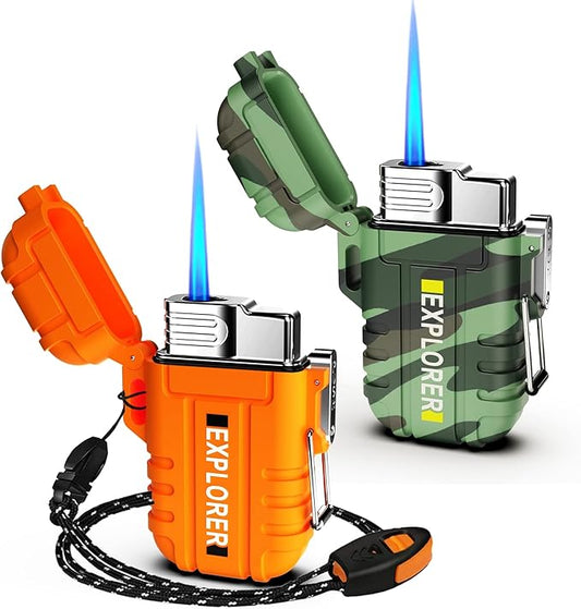 Torch 2 Pack Windproof Outdoor Gas Lighter - Adjustable Jet Flame, Fireplace, Fireworks, Grill, Camping, BBQ - Gifts for Men (Orange+Camo) (Without Butane)