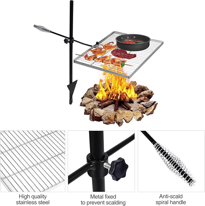 REDCAMP Swivel Campfire Grill Heavy Duty Stainless Steel Grate, Over Fire Camp Grill with Carrying Bag for Open Flame Cooking