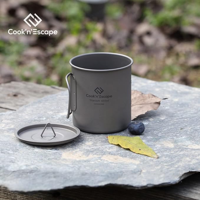 COOK'N'ESCAPE 450ml Camping Mug, Small Titanium Cup with Lightweight Backpacking Coffee Mug Foldable Handle for Outdoor Hiking Picnic Open Fire Cooking