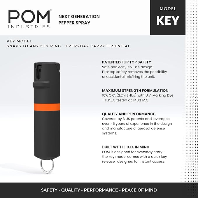 POM Pepper Spray Combo Pack Clip & Keychain - Maximum Strength OC Spray Self Defense- Tactical Compact & Safe Design - 25 Bursts & 10 ft Range - Stream Spray Pattern