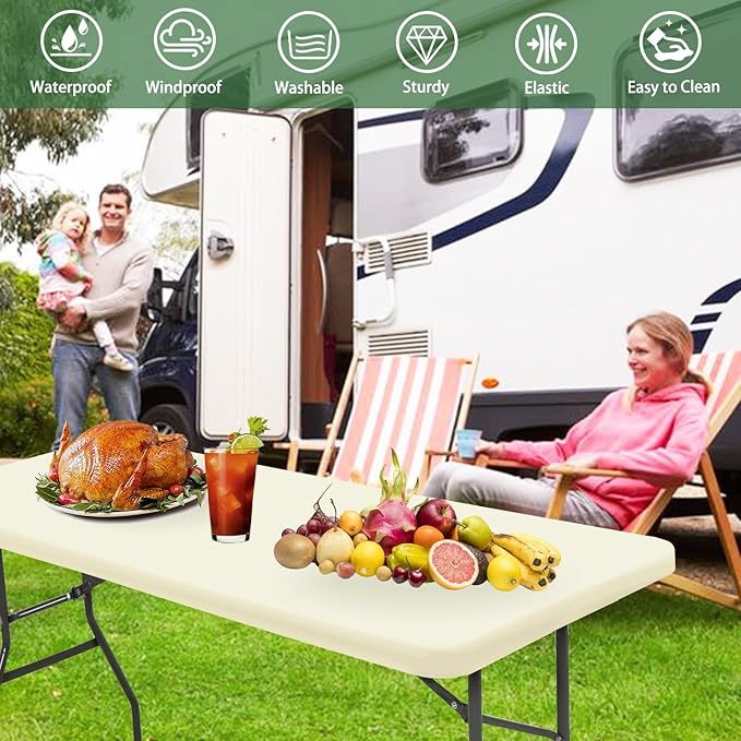6 Foot Table Cover Fitted 10 Pack Picnic Elastic Tablecloth for Rectangle Tables Waterproof Stretch Washable Folding Indoor Outdoor Spandex Table Cloth for Parties Banquet Camping (Beige,30" x 72")