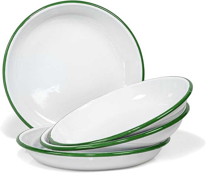 Red Co. Set of 4 Enamelware Metal 10” Round Camping Plates, Solid White/Dark Green Rim