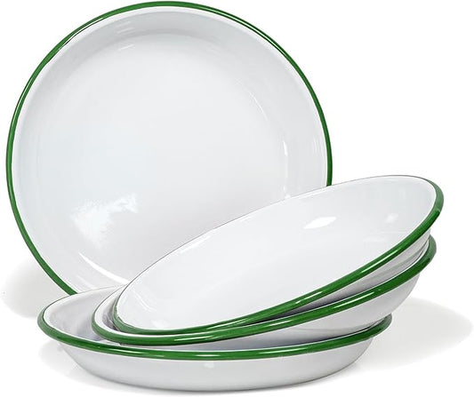 Red Co. Set of 4 Enamelware Metal 10” Round Camping Plates, Solid White/Dark Green Rim