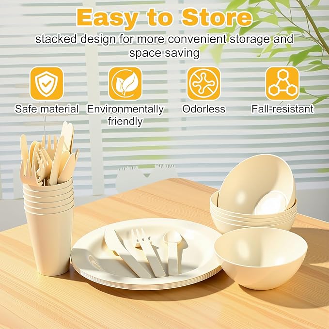 LemonRoad 12 Set College Dorm Dishes Essential Kit, Plates and Bowls Back to School Beige Room Dishes Set with Storage Mesh Bag Cup, Microwave Dinnerware Picnic for RV Camping