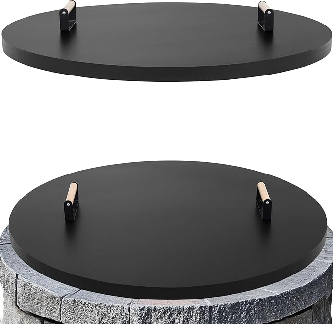 Fire Pit Lid Round 36", Heat Resistant Metal Firepit Cover with 2 Wooden Handles for Round Patio Fire Pit, Compatible for Firepits Inside Dia Up to 34"