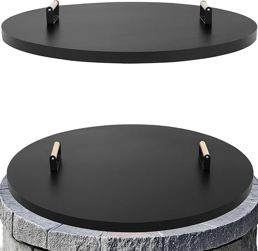 Fire Pit Lid Round 36", Heat Resistant Metal Firepit Cover with 2 Wooden Handles for Round Patio Fire Pit, Compatible for Firepits Inside Dia Up to 34"