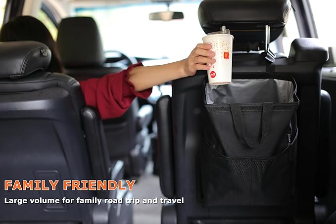 Ginsco New Leak-Proof Travel Car Trash Bag, 3.5 Gallons Large Capacity Hanging Car Trash Can with Hook and Loop Lid and Handle, Multipurpose Trash Bin with Storage Pockets for SUV RV Camping (Black)