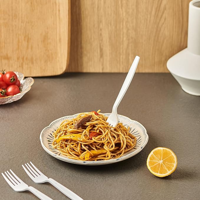 FULING White Plastic Forks Spoons Knives Heavyweight Utensils Disposable Silverware Heavy Duty Cutlery Set [300 Combo Box]