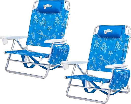 Reclining Beach Chair Backpack 5-Position Lay Flat Lounge Chair for Adults Heavy Duty Portable Folding Lightweight with Cooler Bag Camping Chair for Sand Outdoor
