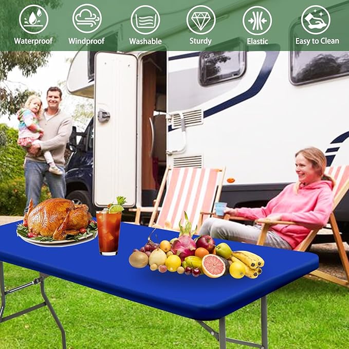 Picnic Table Cover 10 Pack Elastic Fitted Tablecloths for 8 Foot Rectangle Tables Waterproof Stretch Washable Patio Folding Outdoor Spandex Table Cloth Camping Banquet Parties (Royal Blue,30" x 96")