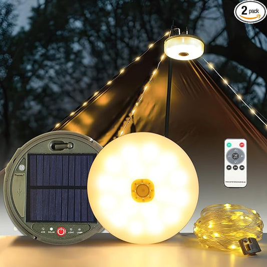 2-Pack Solar Camping String Lights, 39.4FT Portable Waterproof Camping Light with 8 Lighting Modes, Solar Powered and USB Rechargeable Tent Lantern with Remote Control for Camping, Garden and Hiking