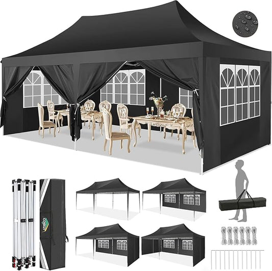 COBIZI 10x20 Pop Up Canopy Tent with Sidewalls,Party Tent Outdoor Gazebos, Waterproof & UV50+,3 Adjustable Heights,Higher Frame Design - Extra Tall for Parties Backyard,Weddings,Markets,Black