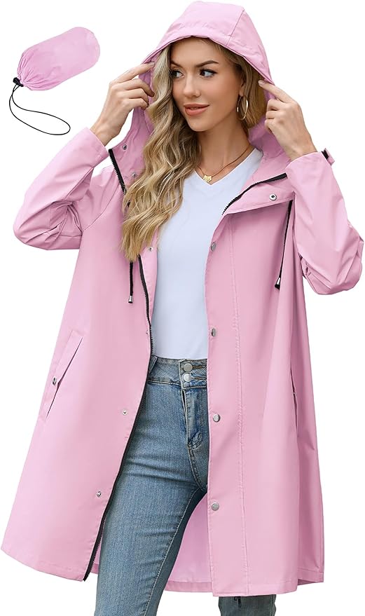 Zando Long Packable Rain Jacket Women Waterproof - Raincoat for Women Rain Coat with Hood Lightweight Outdoor Windbreaker