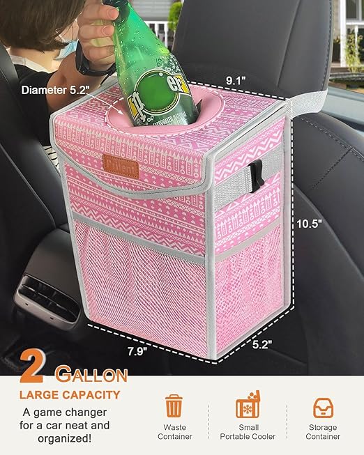 Car Trash Can with Lid, Cute Leakproof Car Trash Garbage Bag Hanging Vehicle Trash Bin Small Portable Automotive Garbage Cans Organizer for Back/Front Seat/Console(Trapezoid,Pink Print)