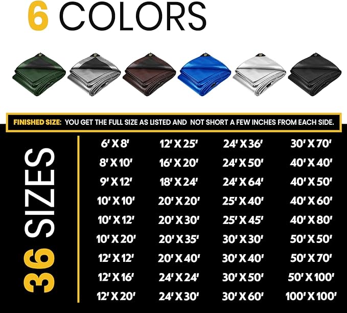 PROTARP Extra Heavy Duty 16 Mil Tarp Cover, Waterproof, UV Resistant, Rip and Tear Proof, Poly Tarpaulin with Reinforced Edges for Roof, Camping, Patio, Pool, Boat. (Black 24′ X 24′)