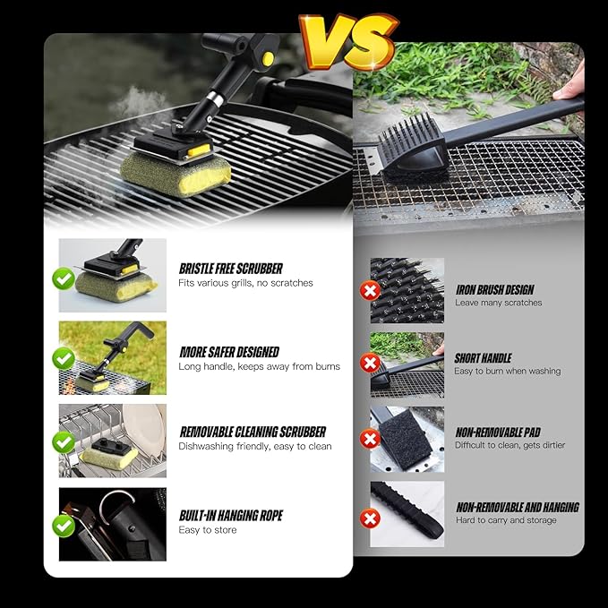 Folding Steam Grill Brush for BBQ Collapsible Design for Easy Storage Heavy Duty with Scraber & 3 Bristle Free Brush Head Grill Cleaning Tool for Camping Tailgating Indoor Out Door Gift