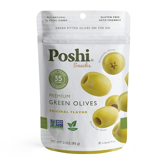 Poshi Green Olives On-The-Go - Original Flavor - Single Serve Pitted Olives - Convenient and Healthy Snack Packs - All Natural, Non-GMO, Kosher, Gluten-Free - 3 Oz Bags (6/Pack)