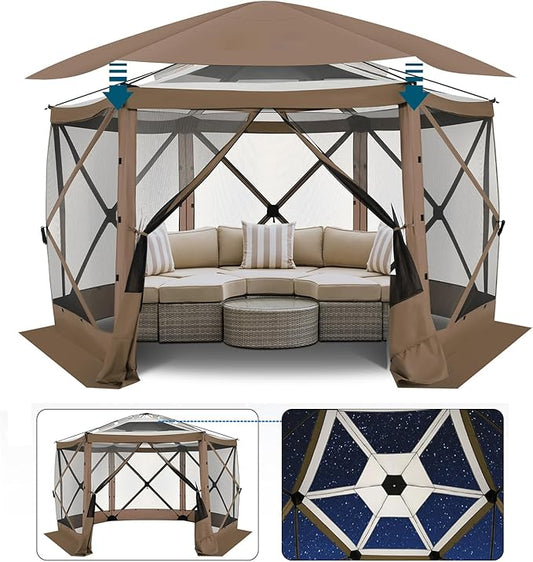 COBlZl Pop Up Gazebo 12x12 Screen House Tent for Camping, Outdoor Instant Stargazing Gazebo Canopy with Awning 2.0, Portable Hub Tent with Mosquito Netting, Pavilion for Backyard,Brown