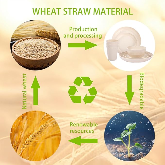 Supernal 16pcs Beige Kitchen Plastic Wheat Straw Dinnerware Sets - Plates and Bowls Sets, Unbreakable Dinnerware Set Dishwasher Safe Plates, Reusable Dish Set for Kitchen & Camping & Daily use
