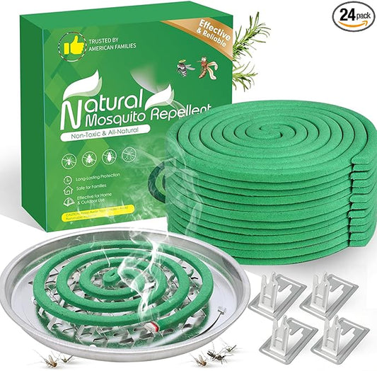 Extra Strong Mosquito Repellent Coils, 24 Pack Large Outdoor Coils Insect Repellent DEET Free, 6-Hour Protection Covers 12ft, Safe & Effective for Yard, Patio, Camping, Garden, Deck & BBQ Areas