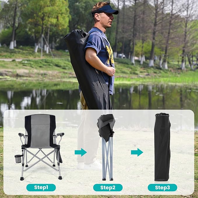 Folding Camping Chair Heavy Duty Portable Outdoor Chairs Supports 330lbs Collapsible Foldable Chair for Outside with Cup Holder&Carry Bag, Folding Lawn Chair for Camp Beach Fishing Sports(Gray)