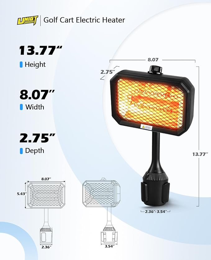 Golf Cart Electric Heater, 400W Safe and Quiet Carbon Fiber Heating, Heat Up 120 Square Feet for 48V Club Car/Yamaha/EZGO Golf Cart Battery Operated Heater & Cup Holder Adapter, Black