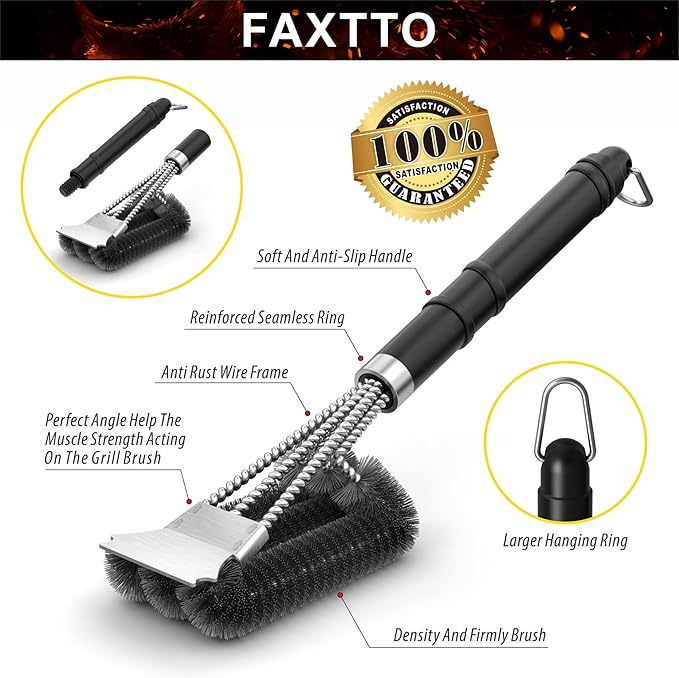 Grill Brush with Extra Strong Long Handle BBQ Cleaner Accessories - Safe Wire BBQ Brush, Triple Barbecue Scrubber Cleaning Brush for Gas/Charcoal Grilling Grates