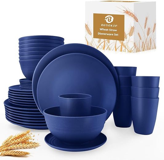 40 Pieces Wheat Straw Dinnerware Sets Service for 8, Plates and Bowls Sets, Dinner Plates, Cereal Bowls and Drinking Cups, Unbreakable and Reusable Plastic Dinnerware Sets (Dark Blue)