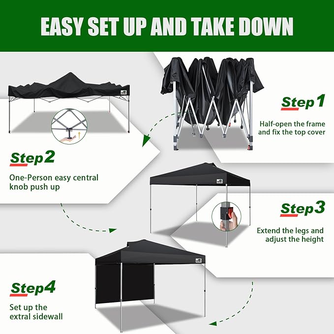 Eurmax USA NOMATTER ONE-Person Open&Close 10x10ft Pop Up Canopy Tent,Portable Shelter Canopy for Outdoor Events with 1 Removable Sidewall,Instant Canopies,Temporary Sunshade,Bonus 4 Sand Bags(Black)