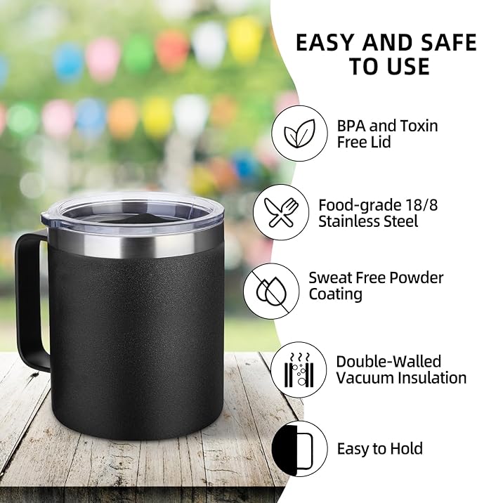 Volhoply 14oz Insulated Stainless Steel Coffee Mug with Lid Bulk 8 Pack,Double Wall Vacuum Travel Coffee Cup with Handle,Reusable Metal Cups Tumbler,Camping Mugs Keep Hot,Ideal Gifts(Black,8)