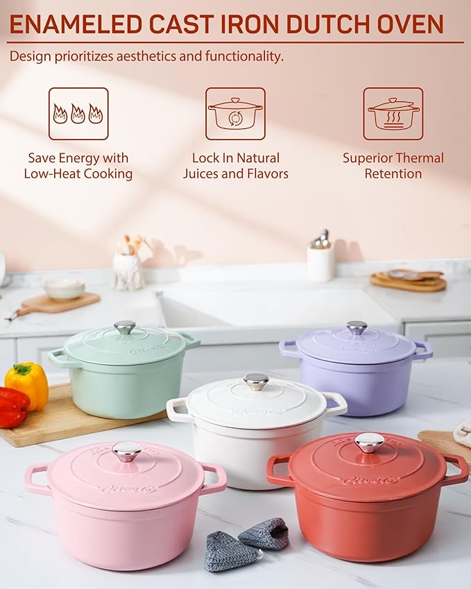 Enameled Cast Iron Dutch Oven – 6 Quart Pot with Lid & Potholders – Heavy-Duty Cookware for Bread Baking, Braising, Stews & Roasting – Oven & Stovetop Safe up to 500°F – Red