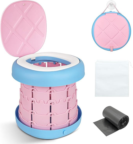 Inmorven Portable Toilet Camping Retractable Potty Adjustable Height Camp Potty for Adults Kids, Foldable Portable Toilet or Camping, Car, Travel, Boat, Beach, Tent and Emergency Use - Pink