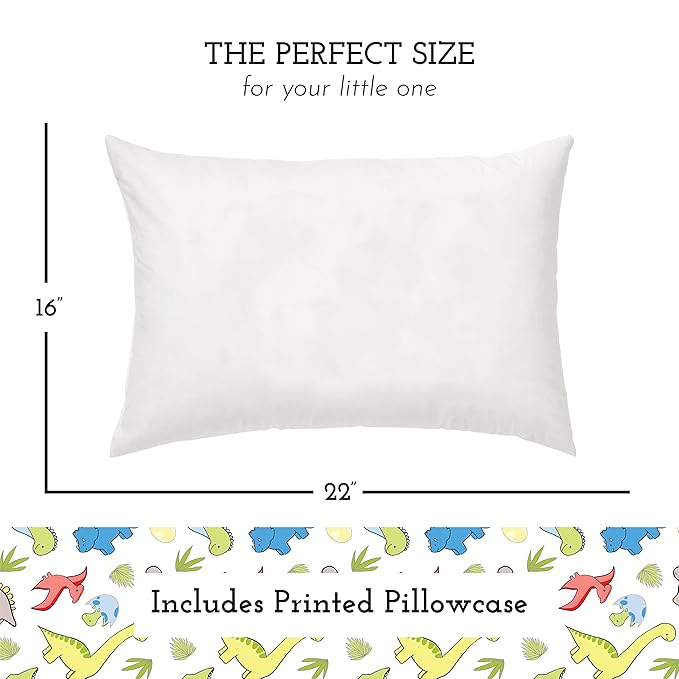Little Sleepy Head Youth Pillow with Pillowcase 16x22, Soft Jumbo Toddler Pillow & Hypoallergenic Pillowcase - Best Kids Pillows for Sleeping, Perfect Kids Travel Pillow (Dinosaurs White)