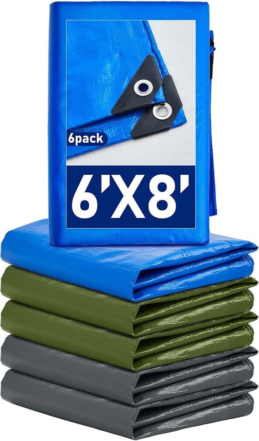 6 Pcs Large Waterproof Tarp 6 x 8 ft Heavy Duty 5.5 Mil Thick Poly Tarpaulin with Grommets Multipurpose Protective Cover for Summer Home Boats Cars Camping Rv Pool Tent