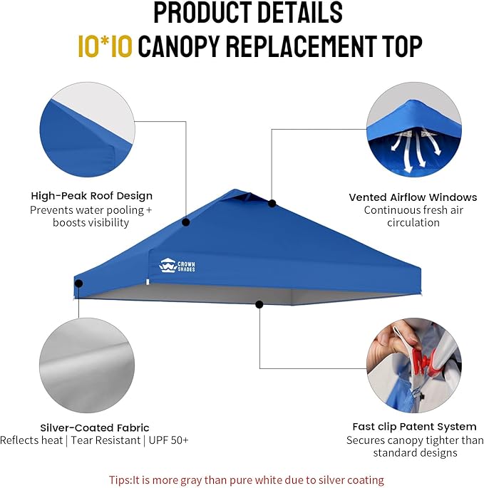 Crown Shades 10x10 Canopy Replacement Top - Only Compatible with Crown Shades RM100H Series, Silver Coated with Air Vent, Blue (Top Only)