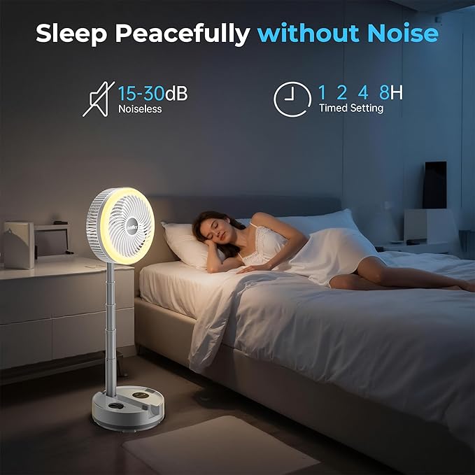 40000mAh Battery Operated Fan, Rechargeable Collapsible Fan, 106H Run, 9 Speeds Oscillating with Remote, Battery Powered with Timer & Light for Travel Cruise Essentials RV Outdoor Power Outage