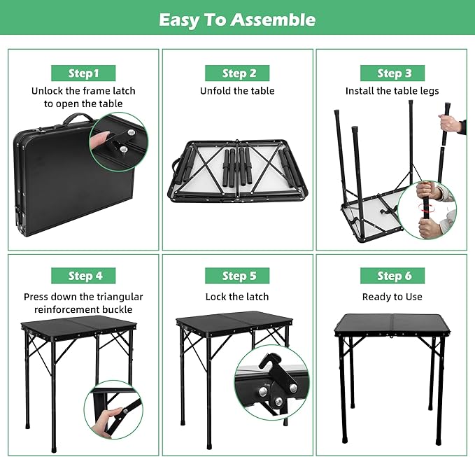 Folding Camping Table, Pure Black 2ft Picnic Table Metal Legs MDF Tabletop, Small Outdoor Table Adjustable Height, Lightweight, Portable Handle for Travel Cooking
