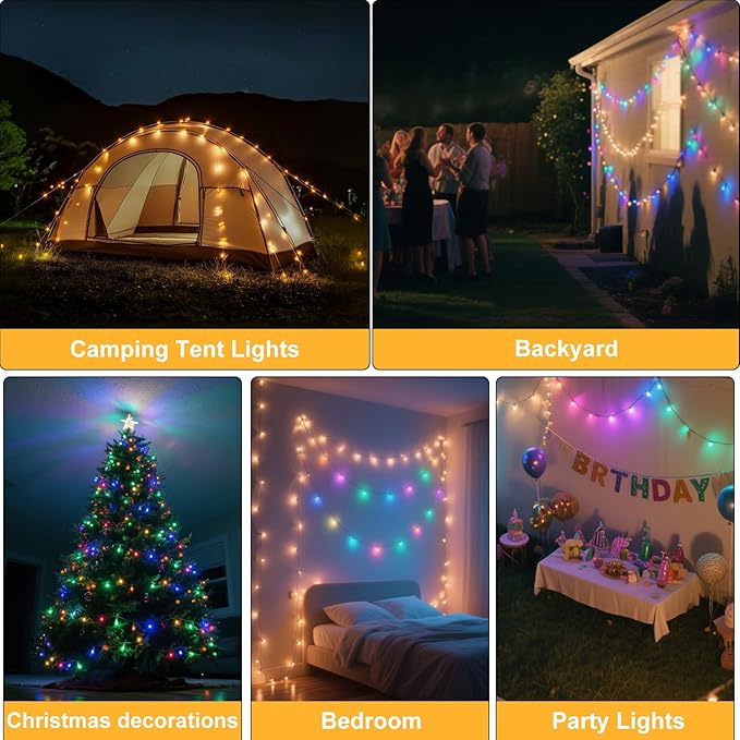 Moobibear Camping String Lights, Quick Storage, 99FT/300LED RGB Rechargeable Tent Lights String with USB 8 Lighting Modes, Hanging Waterproof Portable LED Lamp for for Camping Essentials, Yard, Party