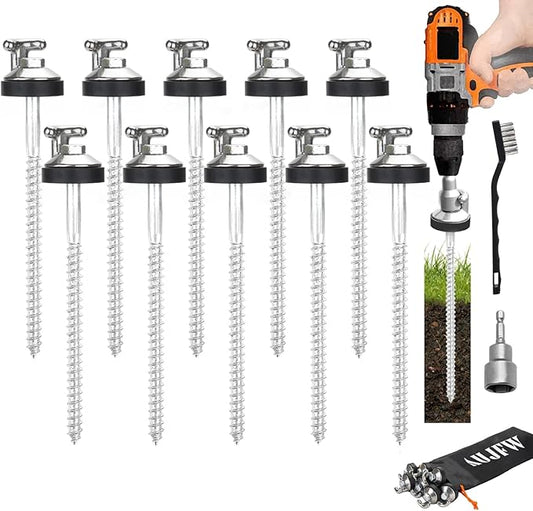 10 Pcs 6.2" Hex Pegs Stakes Drillable Tent Stakes, Drillable Threaded Long Hook Top Packs Tent Stakes for Grassland Garden Tents Canopies Awnings Camping Travel (Hex Tool and Storage Bag)