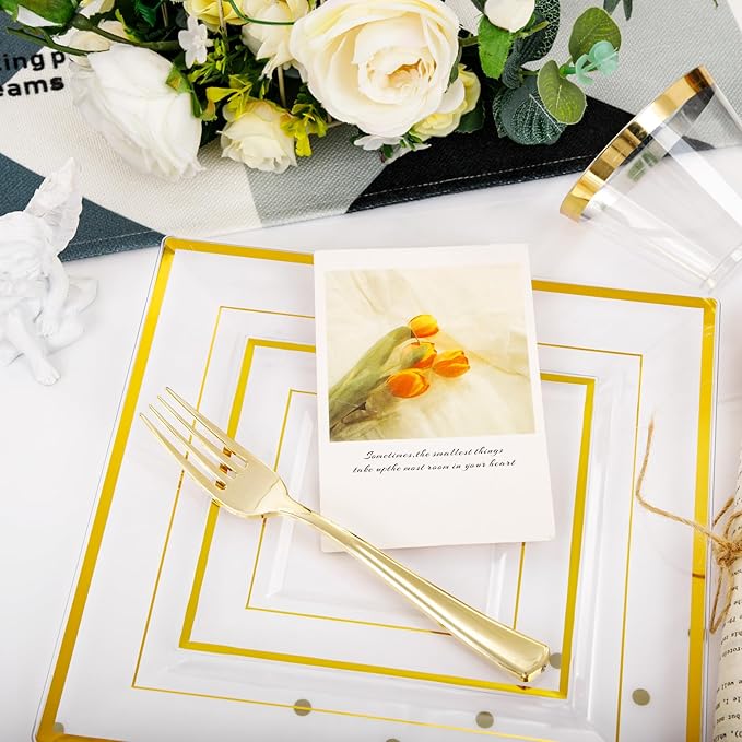 Festiva 176Pcs Clear and Gold Plastic Plates - Square Clear Plates with Gold Trim - Dinnerware Set for 25Guest include Cups Cutlery Napkins for Thanksgiving Party&Wedding&New Year
