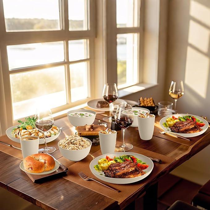 Homienly 32 PCS KItchen Wheat Straw Dinnerware Sets for 8, Reusable Plates and Bowls Sets, Dishes Set for 8, Alternative to Plastic Dish Set for Camping, PIcnic, Microwave and Dishwasher Safe - Beige