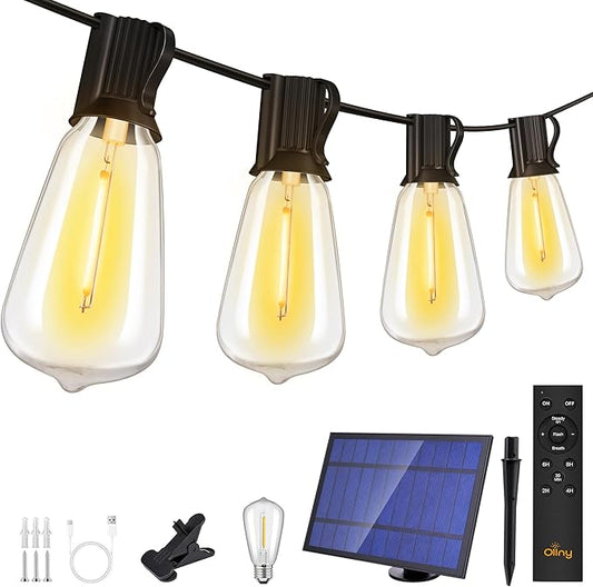 Ollny 15+1 LEDs ST38 Solar String Lights, 30 FT USB & Solar Dual Charging Outdoor String Lights, 3 Modes 5 Timers 10 Brightness 2200K Waterproof Patio Lights for Porch Garden Market Bistro Camping